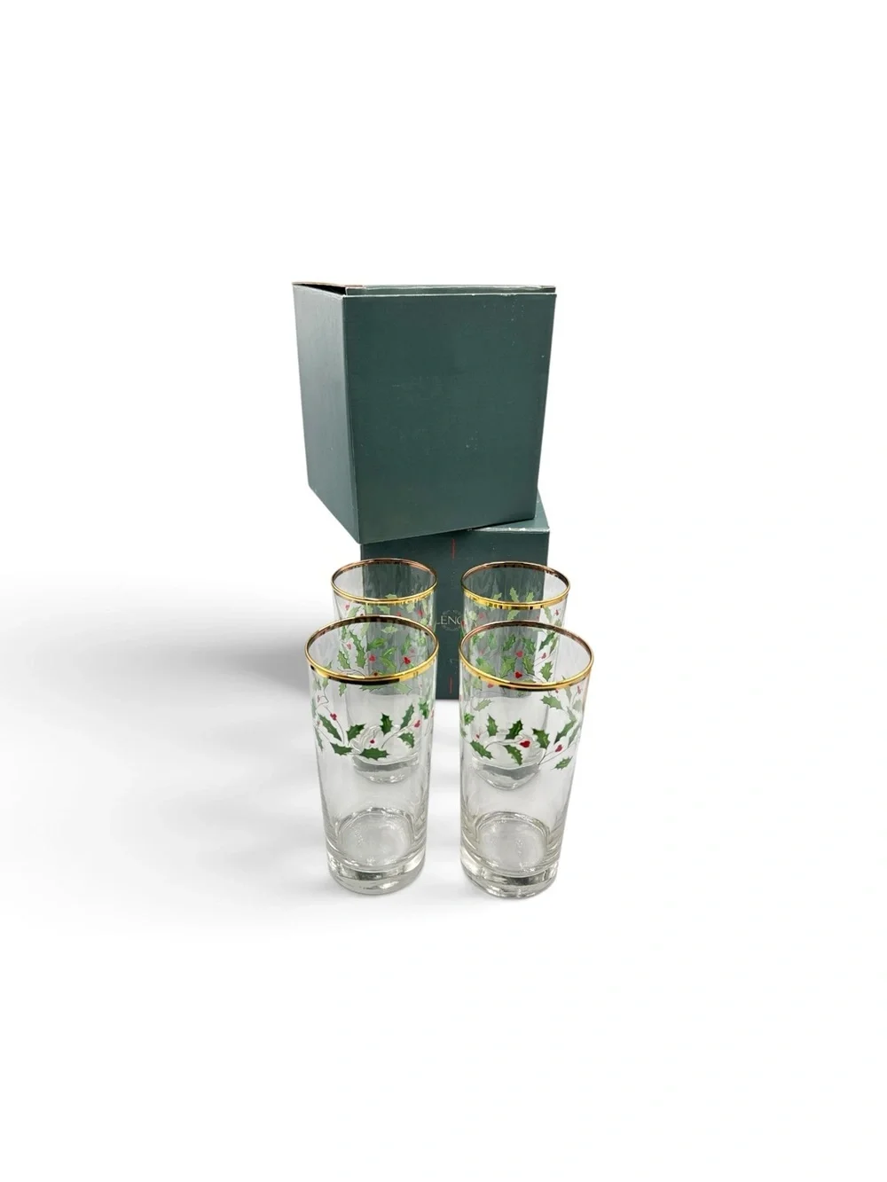 Vintage Lenox Holiday Holly Berry 16 Oz Tumbler Glasses NOS Set of 4